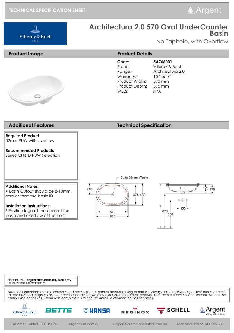 Architectura 2.0 570 Oval UnderCounter Basin | No Tap Hole with Overflow