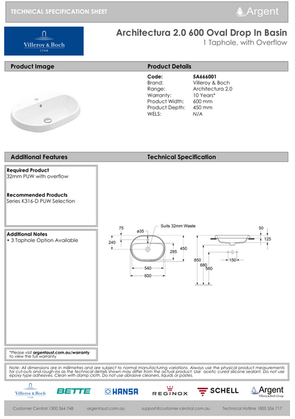 Architectura 2.0 600 Oval Drop In Basin | One Tap Hole with Overflow