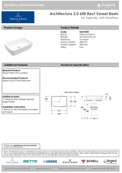 Architectura 2.0 600 Rect Vessel Basin | No Tap Hole with Overflow