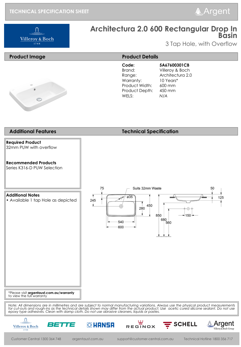 Architectura 2.0 600 Rectangular Drop In Basin | Three Tap Hole with Overflow
