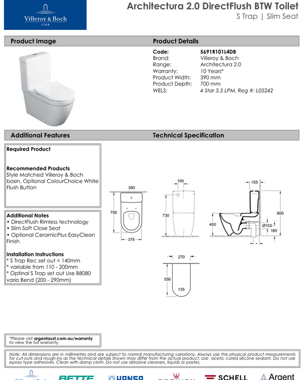 Architectura 2.0 DirectFlush BTW Toilet P Trap | Slim Seat