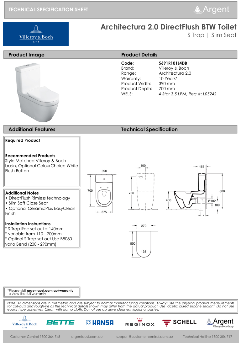 Architectura 2.0 DirectFlush BTW Toilet P Trap | Slim Seat