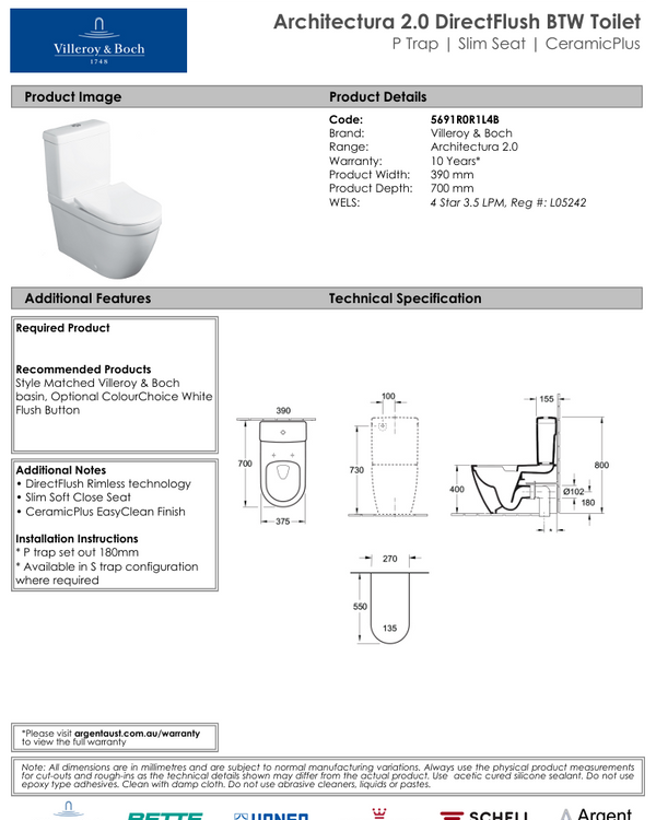 Architectura 2.0 DirectFlush BTW Toilet P Trap | Slim Seat | CeramicPlus