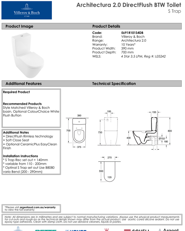 Architectura 2.0 DirectFlush BTW Toilet S Trap