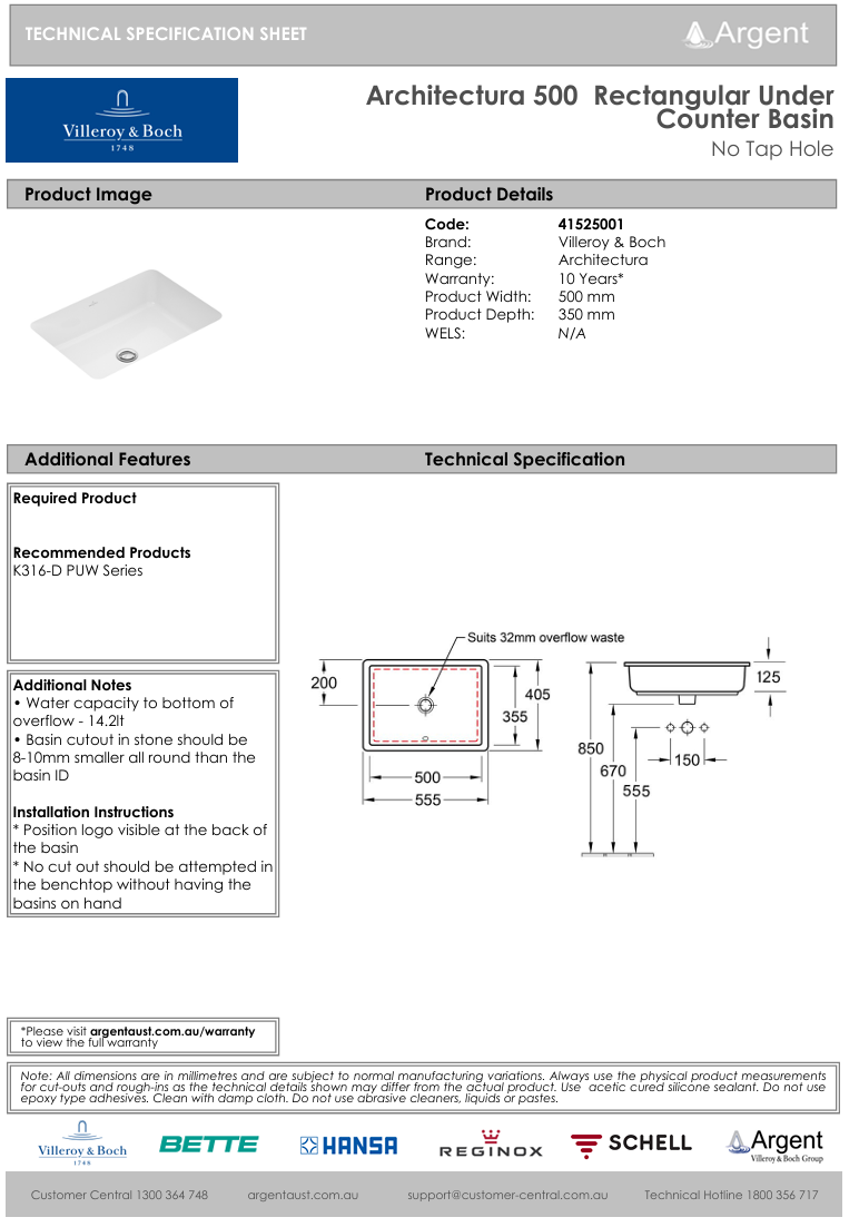 Architectura 500 Rectangular Under Counter Basin No Tap Hole