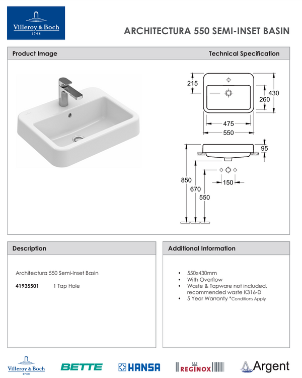 Architectura 550 Semi Inset Basin 1 Tap Hole