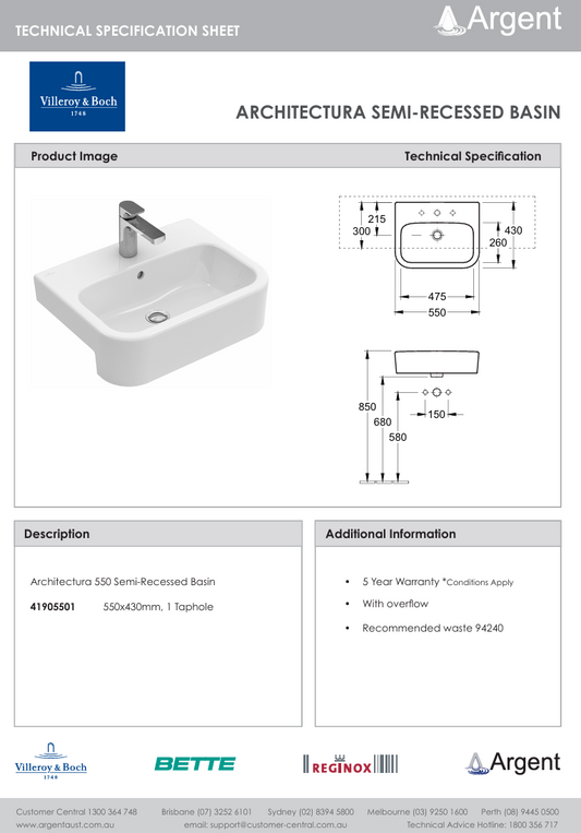 Architectura 550 Semi Recessed Basin 1 Tap Hole