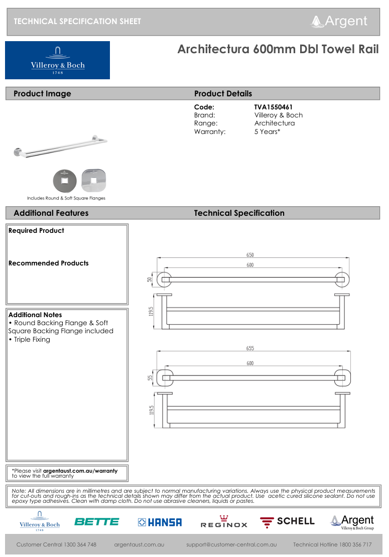 Architectura 600mm Double Towel Rail Chrome