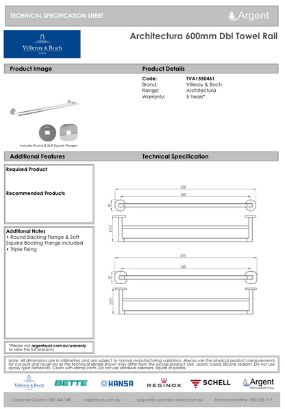 Architectura 600mm Double Towel Rail Chrome
