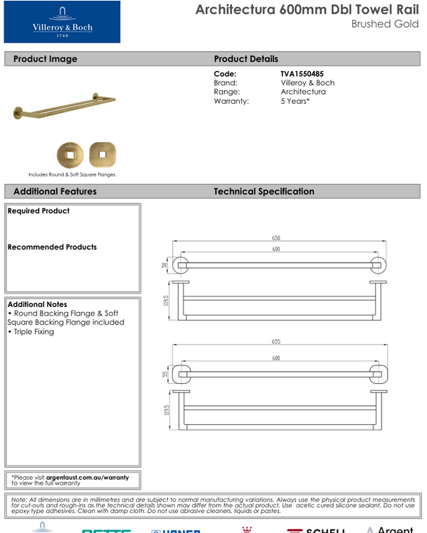 Architectura 600mm Double Towel Rail Brushed Gold
