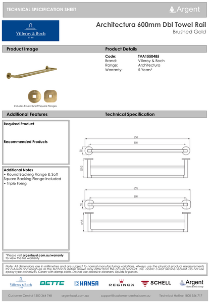 Architectura 600mm Double Towel Rail Brushed Gold
