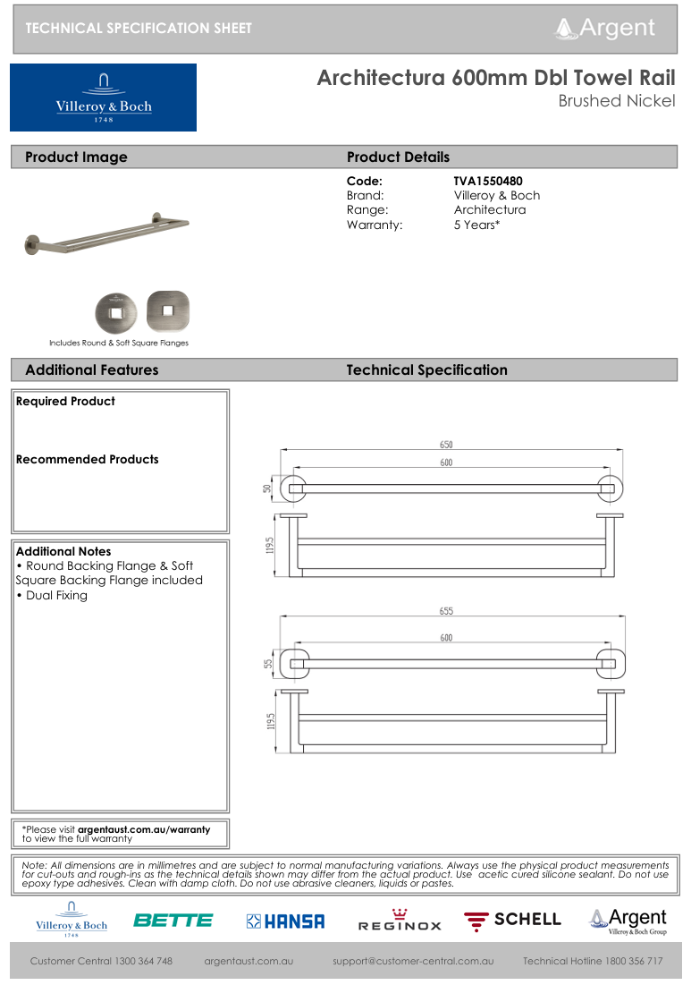 Architectura 600mm Double Towel Rail Brushed Nickel