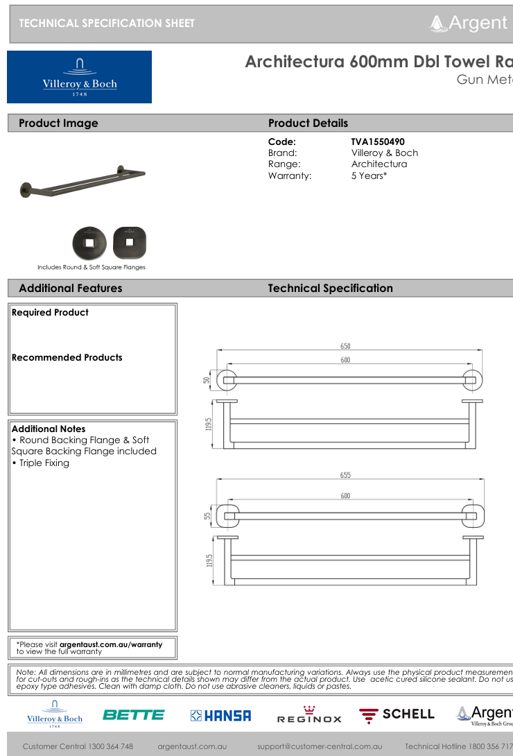 Architectura 600mm Double Towel Rail Gun Metal