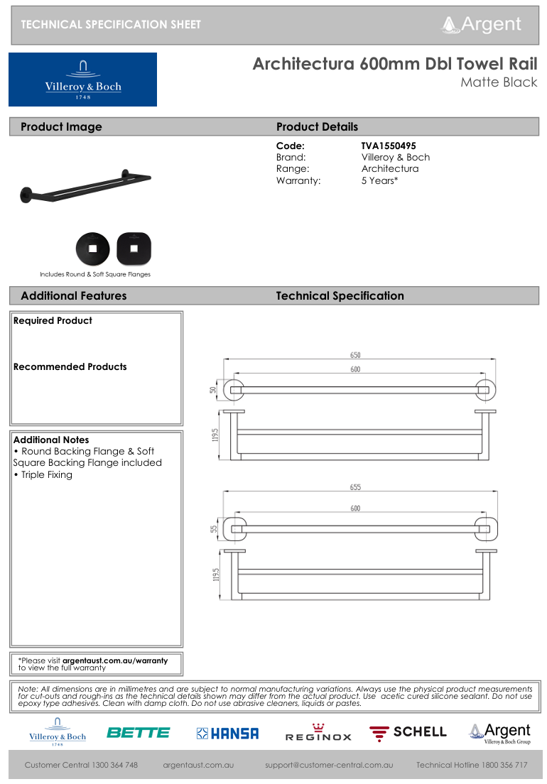 Architectura 600mm Double Towel Rail Matte Black