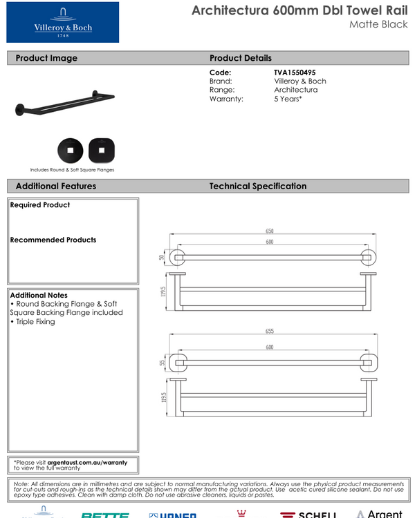 Architectura 600mm Double Towel Rail Matte Black