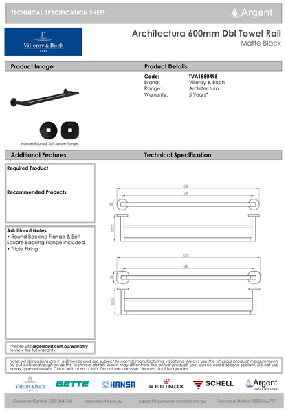 Architectura 600mm Double Towel Rail Matte Black