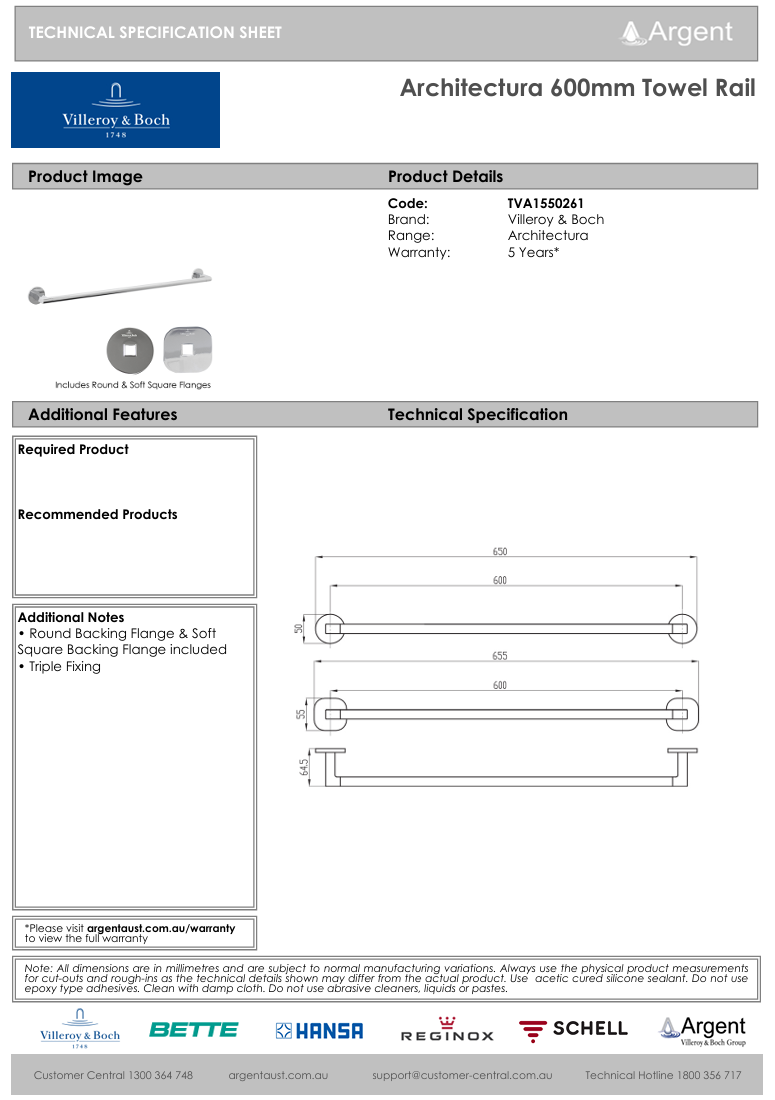 Architectura 600mm Towel Rail Chrome