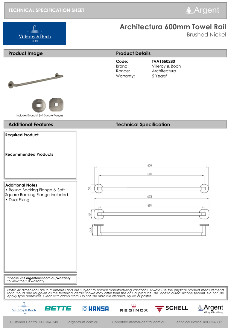 Architectura 600mm Towel Rail Brushed Nickel