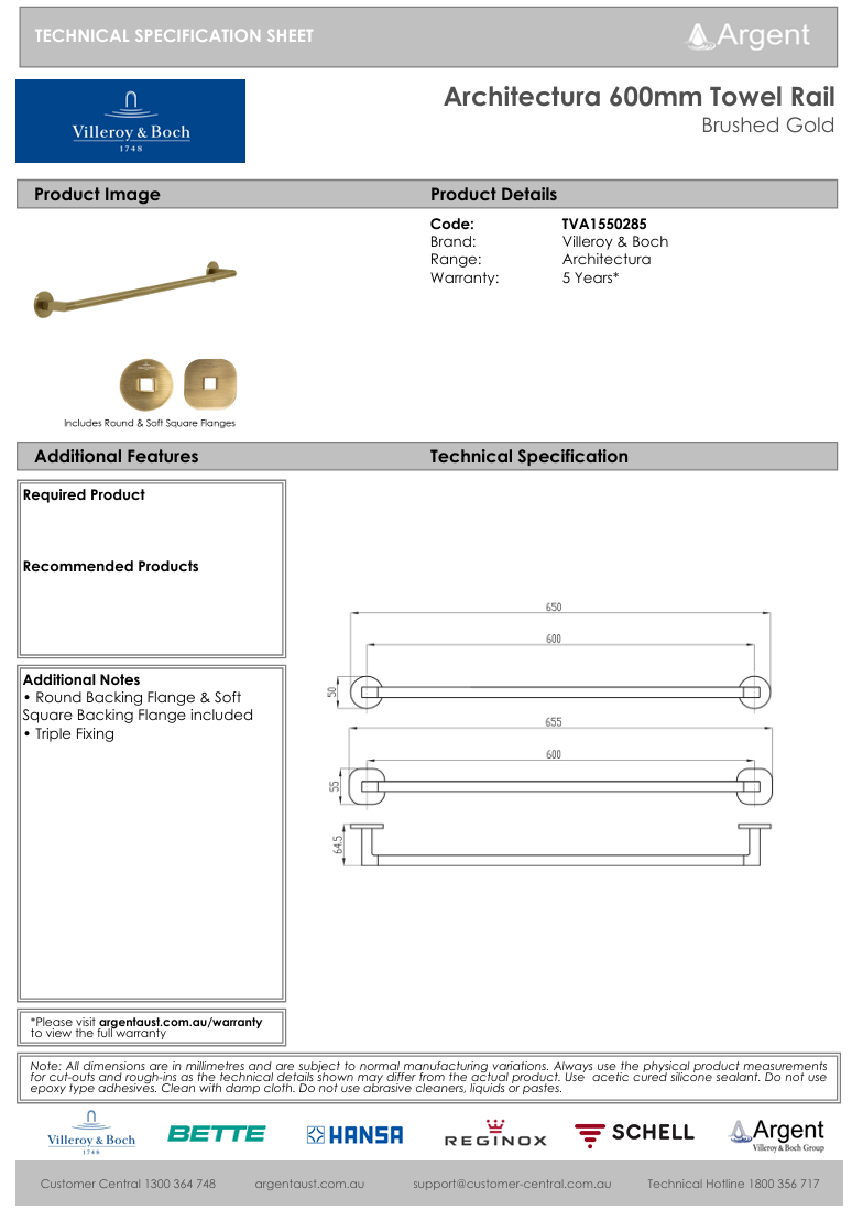 Architectura 600mm Towel Rail Brushed Gold