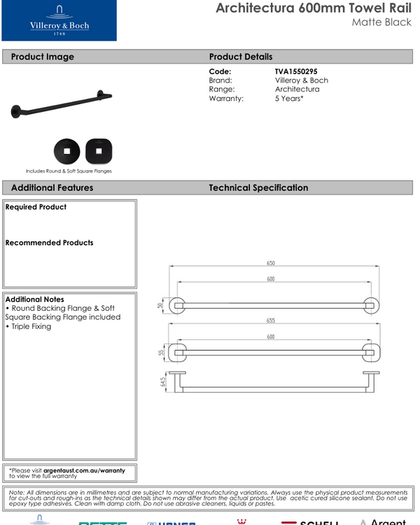 Architectura 600mm Towel Rail Matte Black