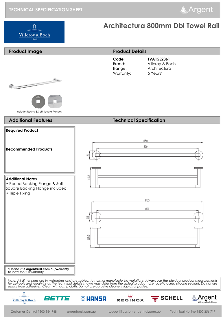 Architectura 800mm Double Towel Rail Chrome