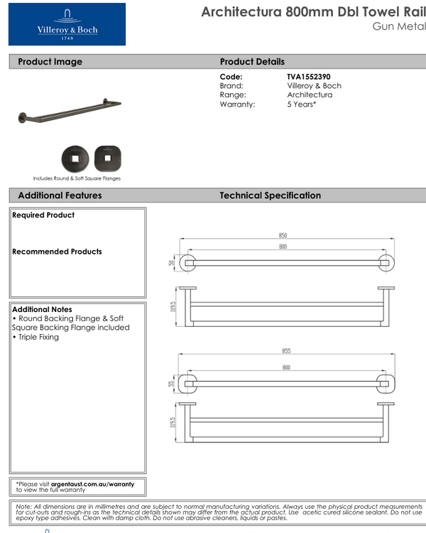 Architectura 800mm Double Towel Rail Gun Metal