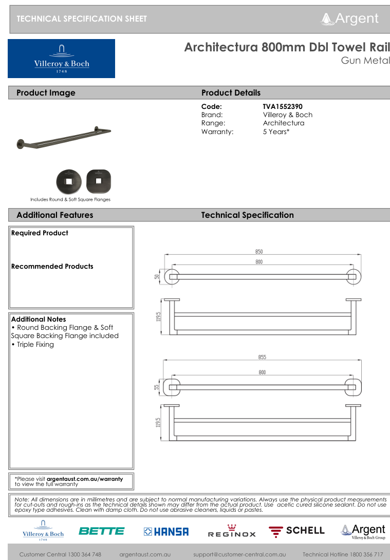 Architectura 800mm Double Towel Rail Gun Metal