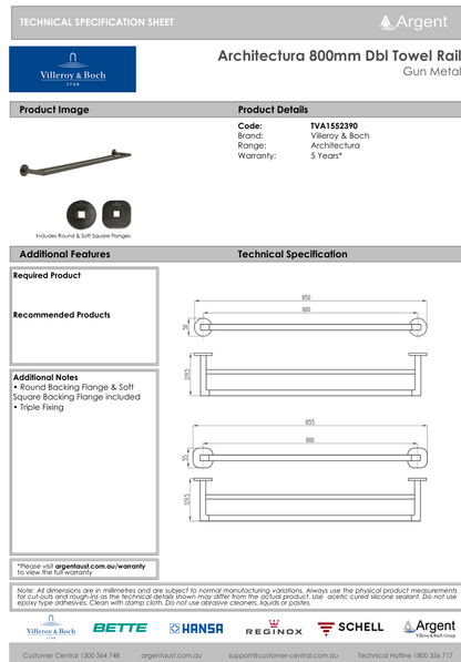 Architectura 800mm Double Towel Rail Gun Metal