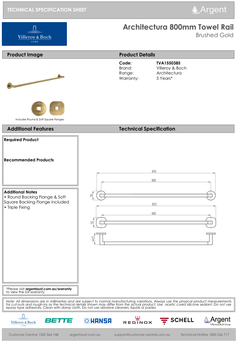 Architectura 800mm Towel Rail Brushed Gold