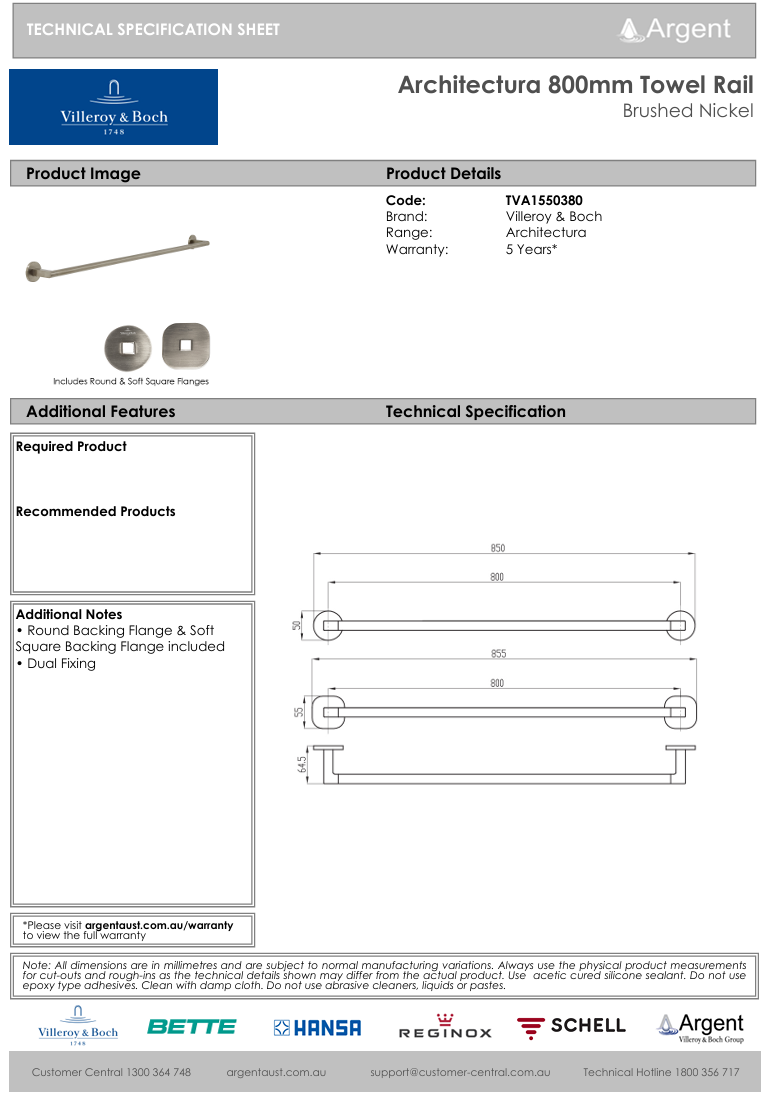 Architectura 800mm Towel Rail Brushed Nickel