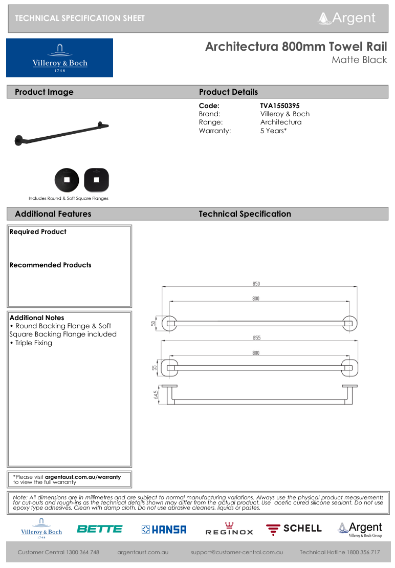 Architectura 800mm Towel Rail Matte Black