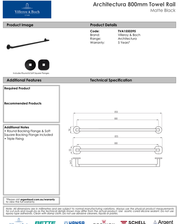 Architectura 800mm Towel Rail Matte Black