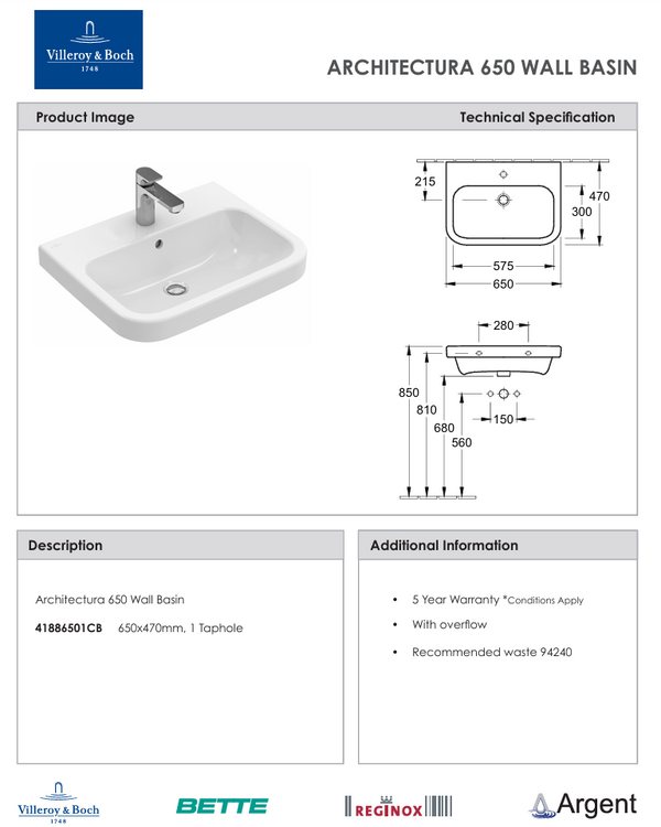 Architectura 650 Wall Basin 1 Tap Hole