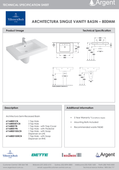 Architectura 800 Wall Basin 1 Tap Hole