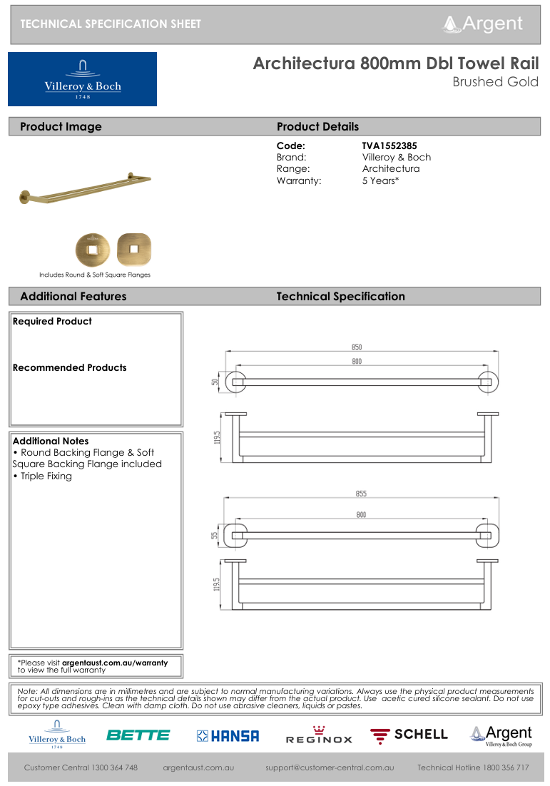 Architectura 800mm Dbl Towel Rail Brushed Gold