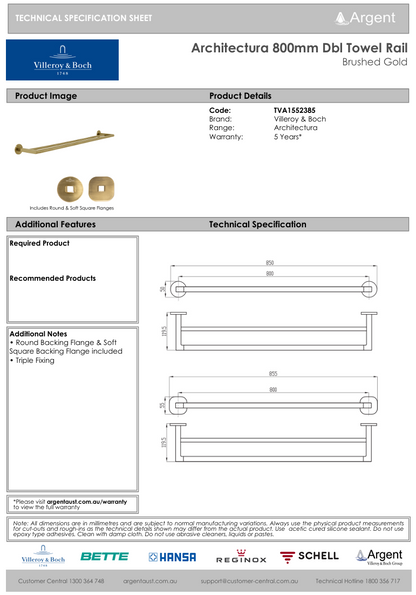 Architectura 800mm Dbl Towel Rail Brushed Gold