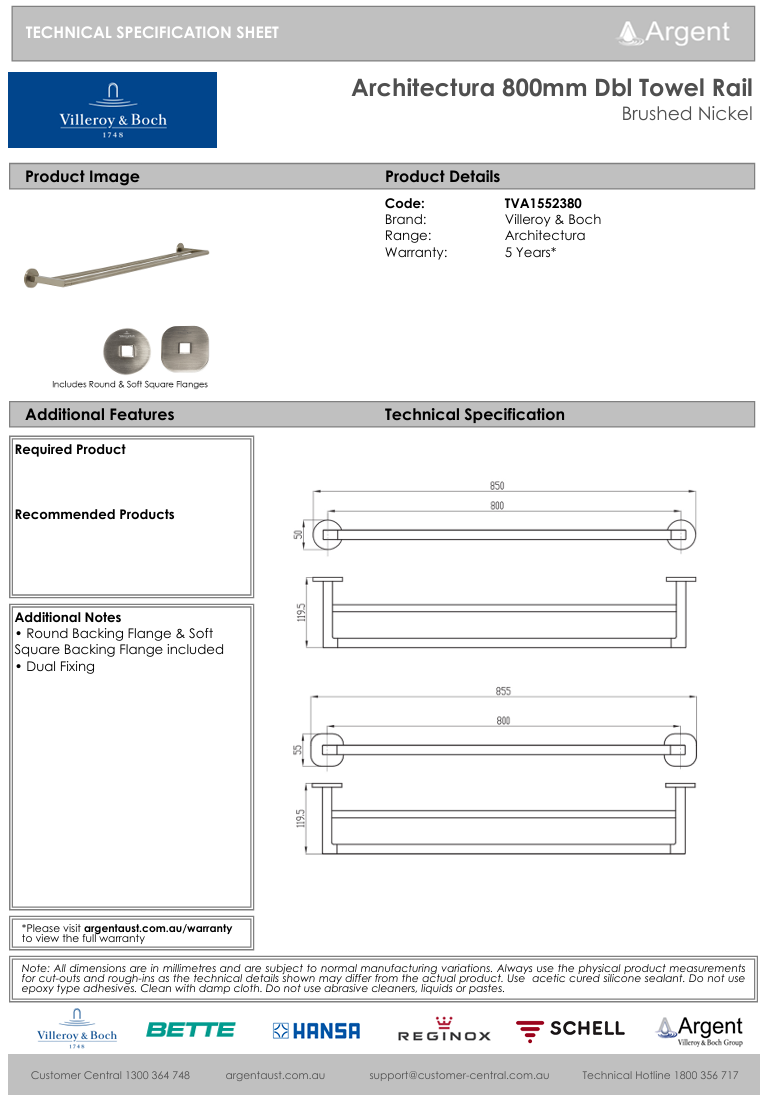 Architectura 800mm Double Towel Rail Brushed Nickel