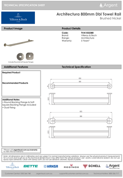 Architectura 800mm Double Towel Rail Brushed Nickel
