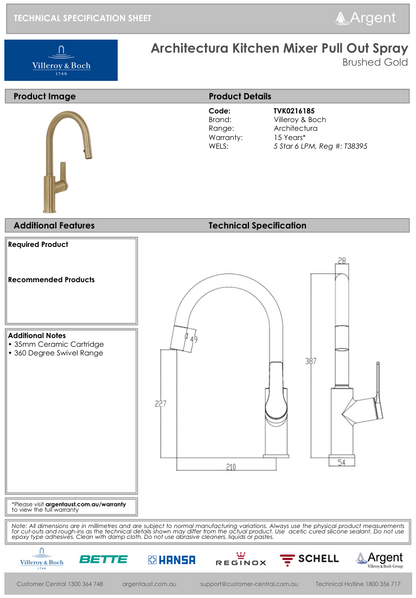 Architectura Kitchen Mixer Pull Out Spray Brushed Gold