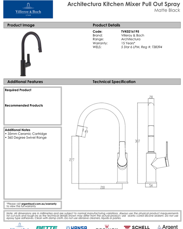 Architectura Kitchen Mixer Pull Out Spray Matte Black