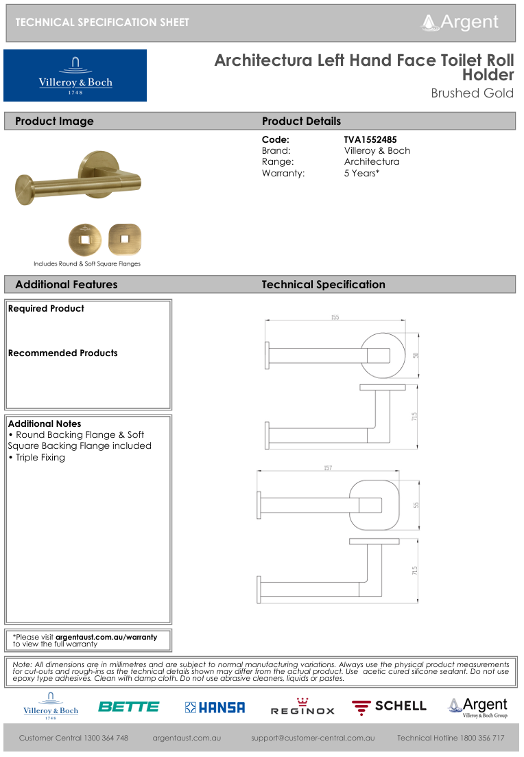 Architectura Left Hand Faced Toilet Roll Holder Brushed Gold