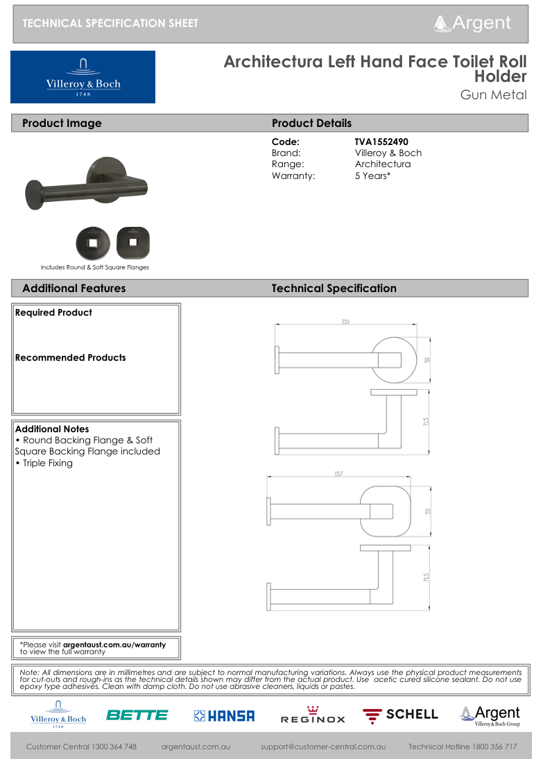 Architectura Left Hand Faced Toilet Roll Holder Gun Metal