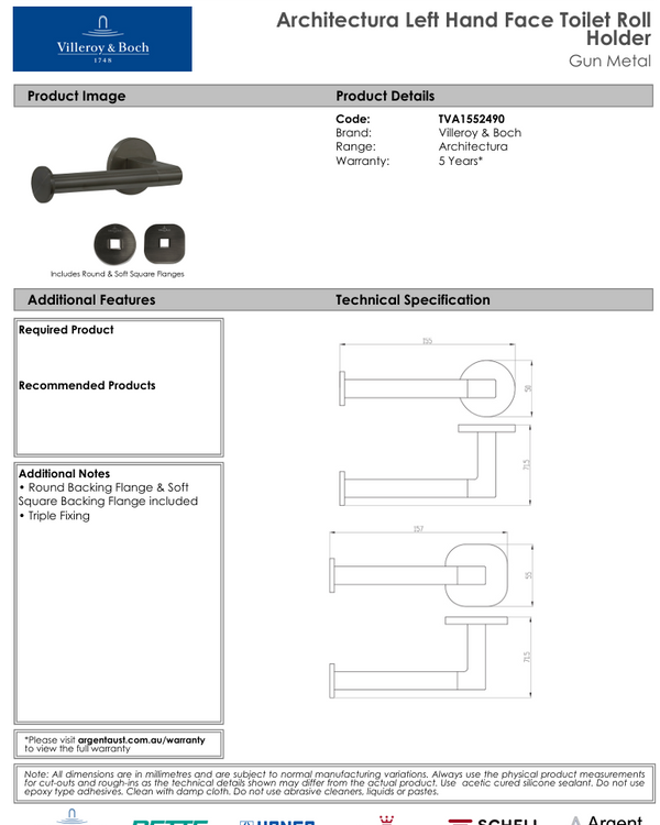 Architectura Left Hand Faced Toilet Roll Holder Gun Metal