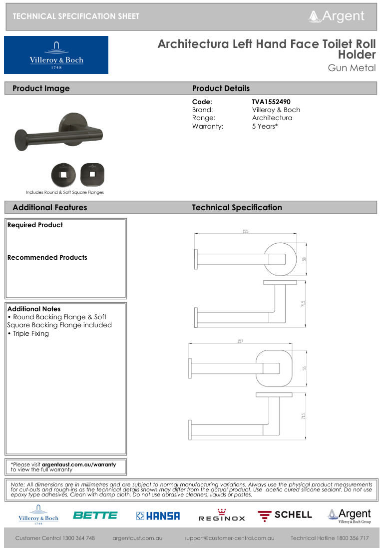Architectura Left Hand Faced Toilet Roll Holder Matte Black
