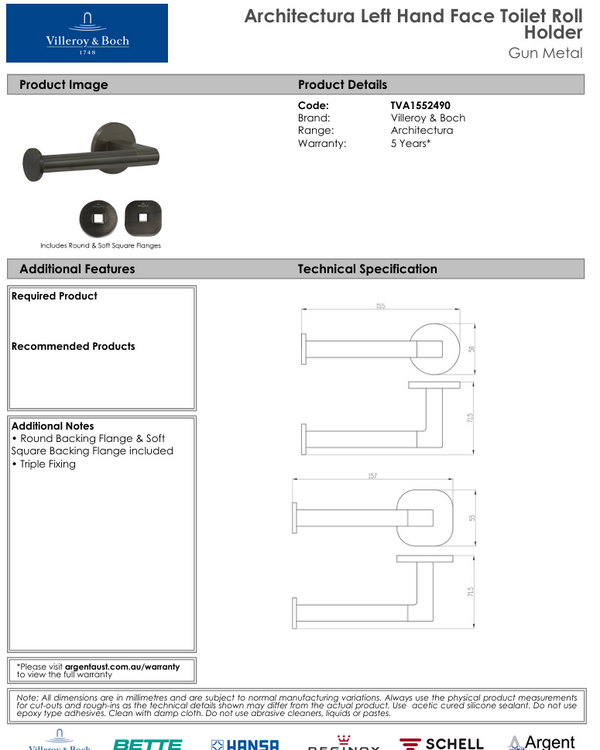 Architectura Left Hand Faced Toilet Roll Holder Matte Black