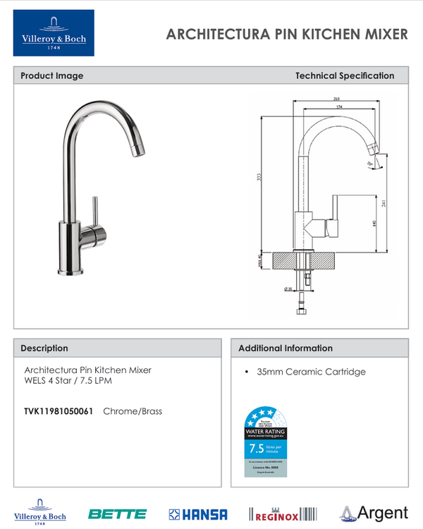 Architectura Pin Gooseneck Kitchen Mixer