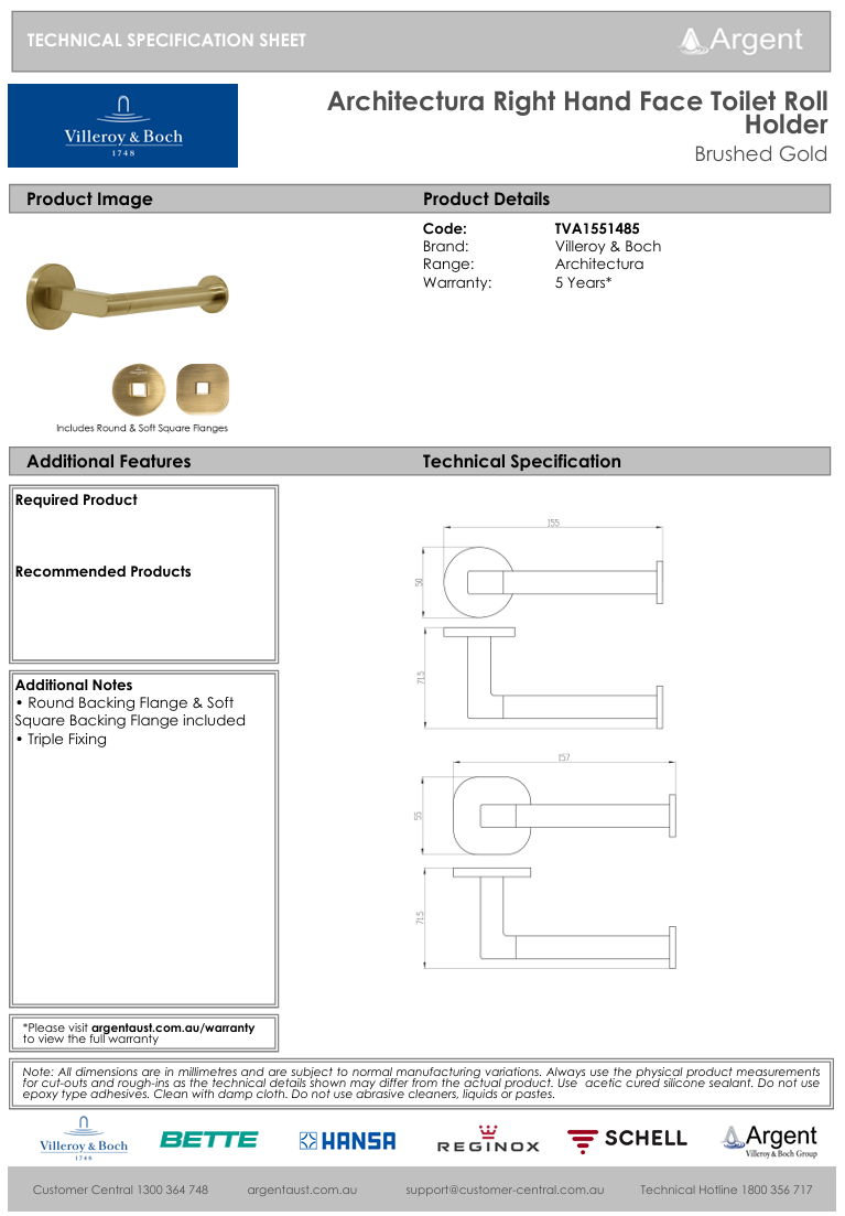Architectura Right Hand Faced Toilet Roll Holder Brushed Gold