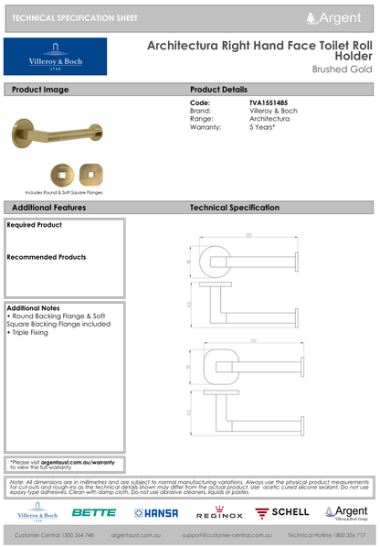 Architectura Right Hand Faced Toilet Roll Holder Brushed Gold