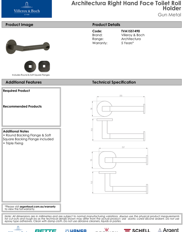 Architectura Right Hand Faced Toilet Roll Holder Gun Metal