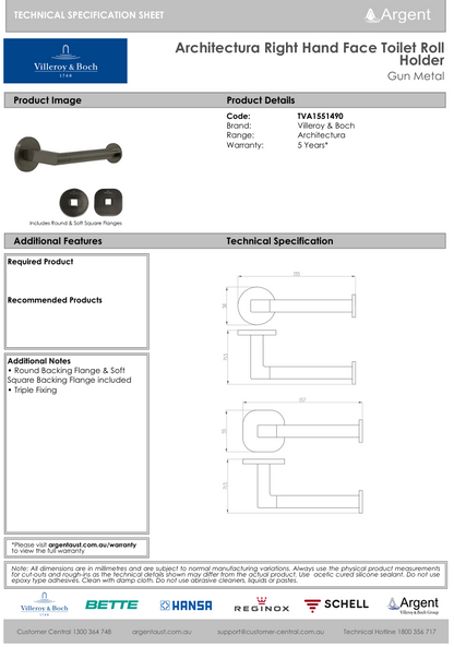Architectura Right Hand Faced Toilet Roll Holder Gun Metal